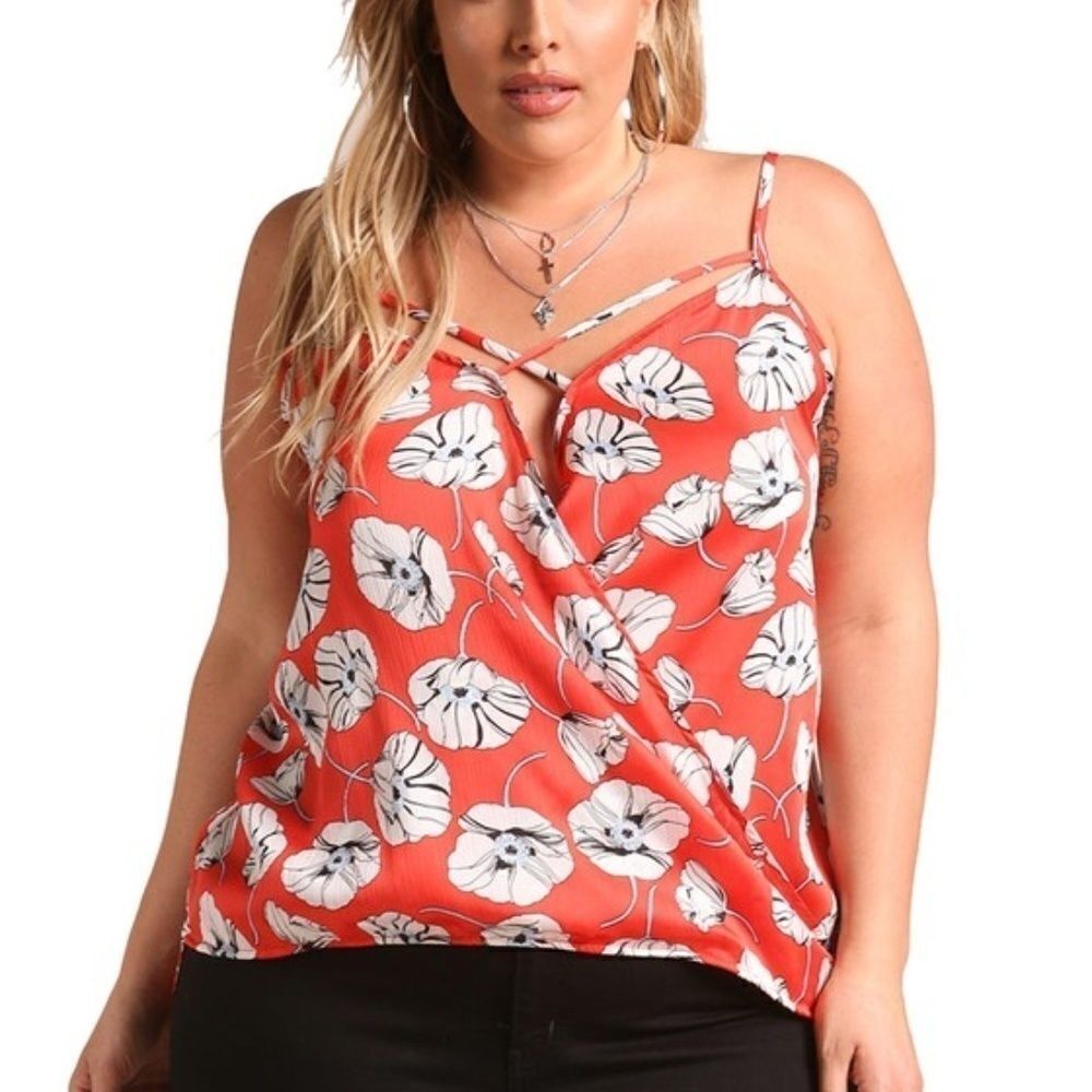 New Plus Size Floral Crepe Cross Strap Tank Top